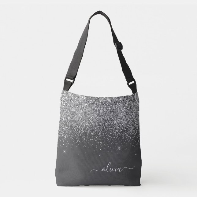 Silver Grey Girly Glitter Sparkle Monogram Name Crossbody Bag (Front)