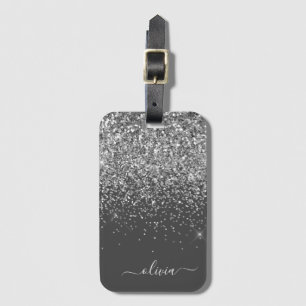 Silver Grey Girly Glitter Sparkle Monogram Name Luggage Tag