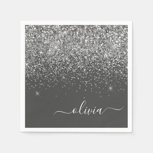 Silver Grey Girly Glitter Sparkle Monogram Name Napkin (Front)