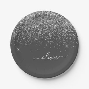Silver Grey Girly Glitter Sparkle Monogram Name Paper Plate