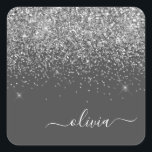 Silver Grey Girly Glitter Sparkle Monogram Name Square Sticker<br><div class="desc">Silver and Grey (Grey) Sparkle Glitter Brushed Metal Monogram Name Paper Party Sticker Address Labels. This makes the perfect sweet 16 birthday,  wedding,  bridal shower,  anniversary,  baby shower or bachelorette party gift for someone that loves glam luxury and chic styles.</div>