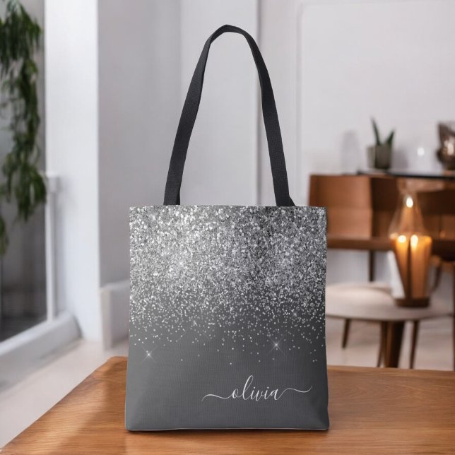 Silver Grey Girly Glitter Sparkle Monogram Name Tote Bag (Creator Uploaded)