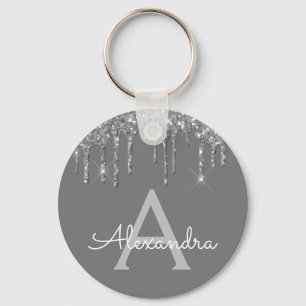 Silver Grey Girly Sparkly Glitter Monogram Key Ring