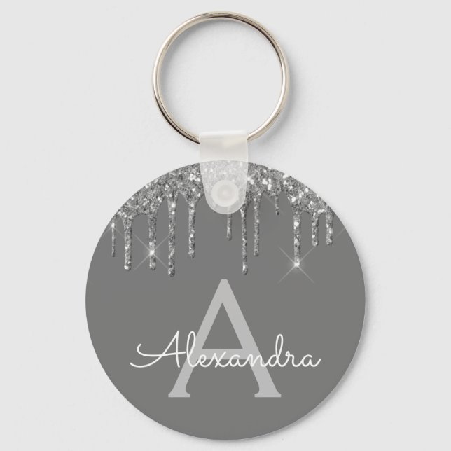 Silver Grey Girly Sparkly Glitter Monogram Key Ring (Front)