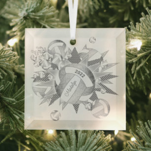 silver grey girly volleyballs and stars glass tree decoration