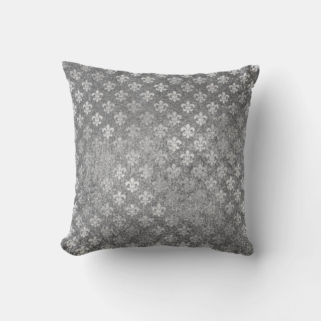 Silver Grey Glam Glass Glitter Fleur de Lis Cushion (Front)