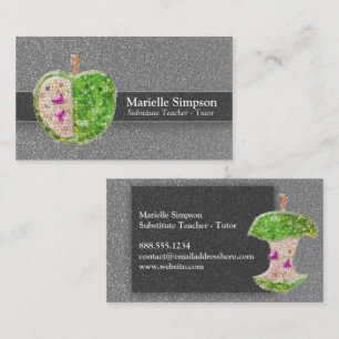 Silver Grey Glitter Apple Substitute Teacher Tutor Business Card