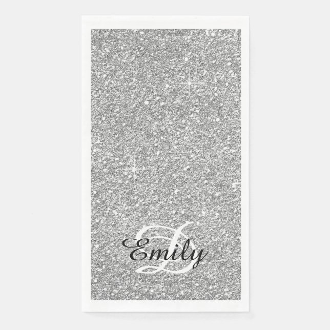Silver Grey Glitter Black and White Monogram Napkin (Front)