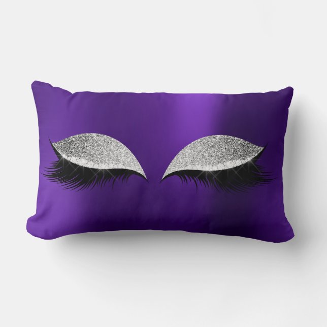 Silver Grey Glitter Black Glam Make Up Cat Purple Lumbar Cushion (Front)