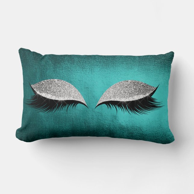Silver Grey Glitter Black  Makeup Crystals Teal Lumbar Cushion (Front)
