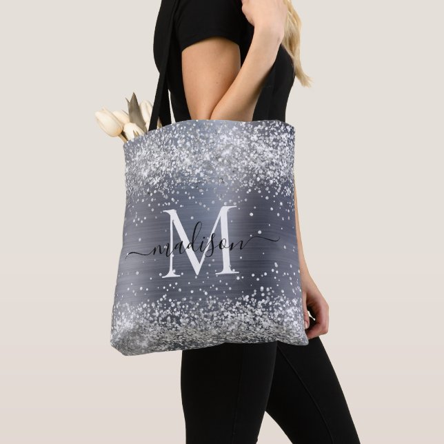 Silver Grey Glitter Brushed Metal Monogram Script Tote Bag (Close Up)
