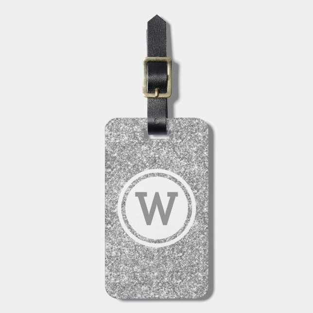 Silver Grey Glitter Circle Monogram Luggage Tag (Front Vertical)