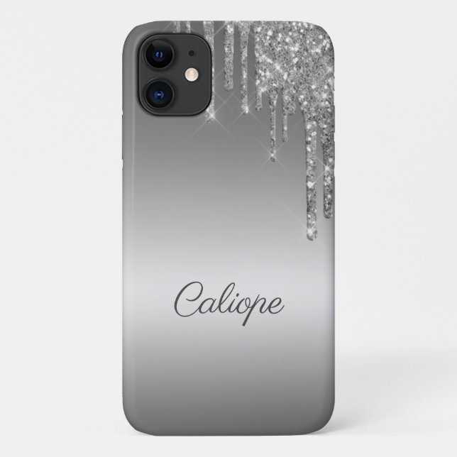 Silver Grey Glitter Drip Ombre Personalised Case-Mate iPhone Case (Back)