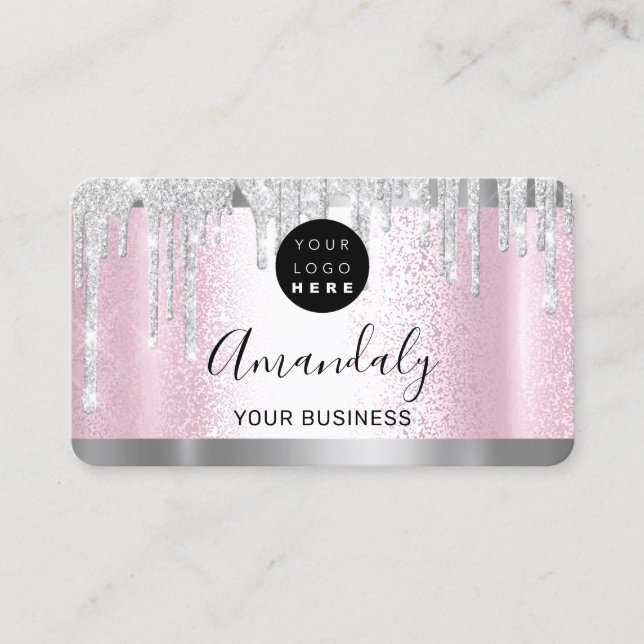 Silver Grey Glitter Drips Frame Qr Code Logo Pink  Business Card (Front)