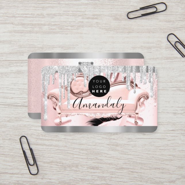 Silver Grey Glitter Drips Frame Qr Code Logo SPA Business Card (Front/Back In Situ)