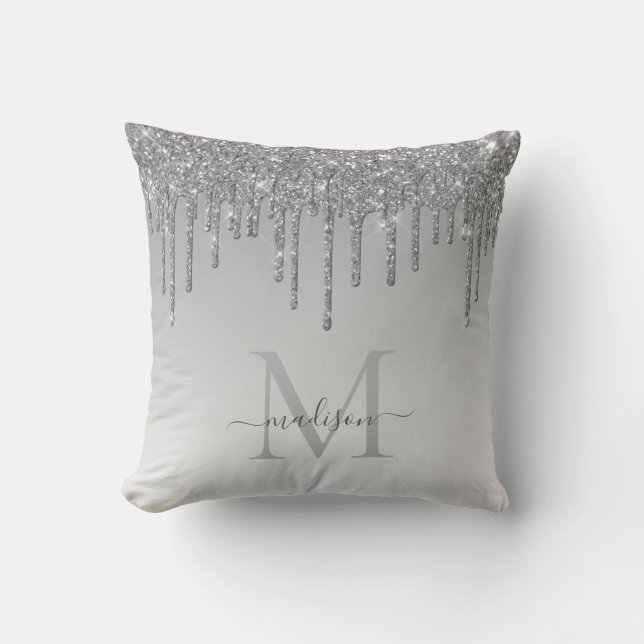 Silver Grey Glitter Drips Glam Monogram Script Cushion (Front)