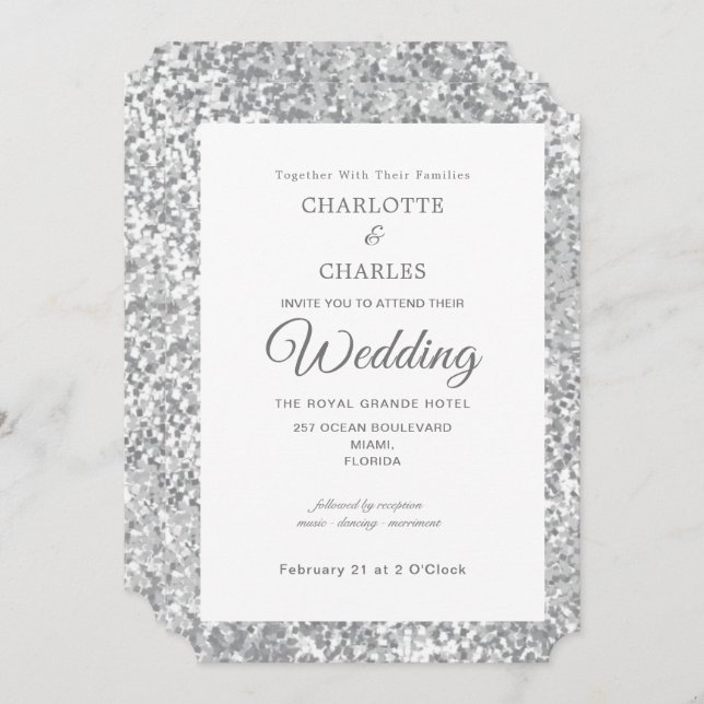 Silver Grey Glitter Elegant Chic Wedding Invitation (Front/Back)