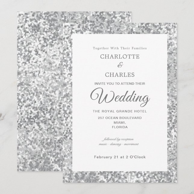 Silver Grey Glitter Elegant Chic Wedding Invitation (Front/Back)