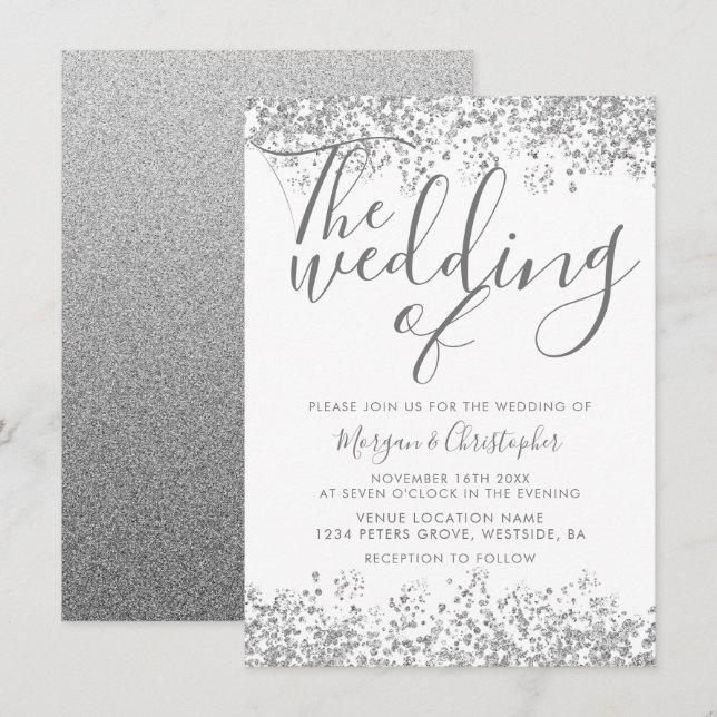 Silver Grey Glitter Elegant Modern Wedding Invitation (Front/Back)