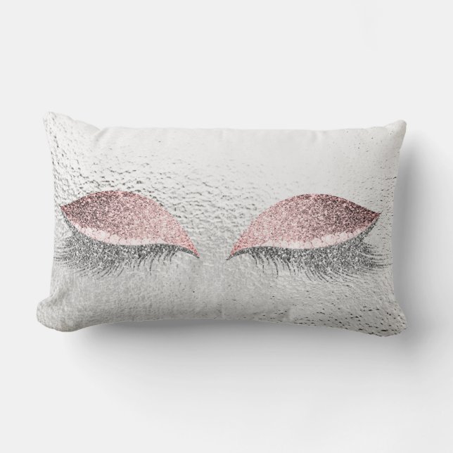 Silver Grey Glitter Eyes Pink Glam Makeup Glass Lumbar Cushion (Front)