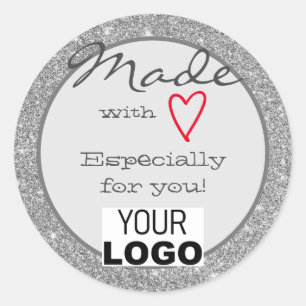 Silver Grey Glitter Made with Love Red Heart Logo Classic Round Sticker