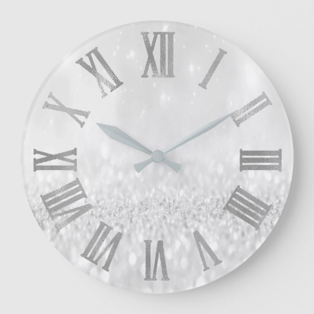 Silver Grey Glitter Minimal Metallic Roman Numers Large Clock (Front)