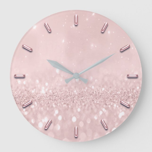 Silver Grey Glitter Minimal Pink Rose Blush Girly Large Clock (Front)