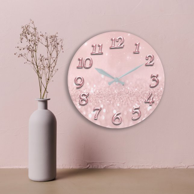 Silver Grey Glitter Minimal Pink Rose Blush Girly Large Clock (Silver Gray Glitter Minimal Pink Rose Blush Girly Large Clock )
