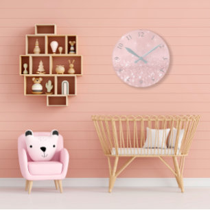 Silver Grey Glitter Minimal Pink Rose Blush Round Clock