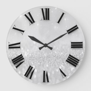 Silver Grey Glitter Minimal Roman Numbers Large Clock