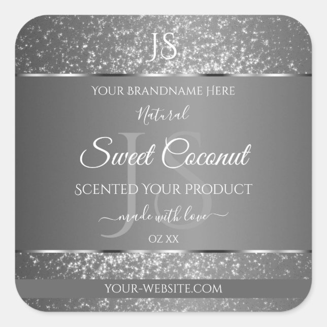 Silver Grey Glitter Stars Initials Product Labels (Front)