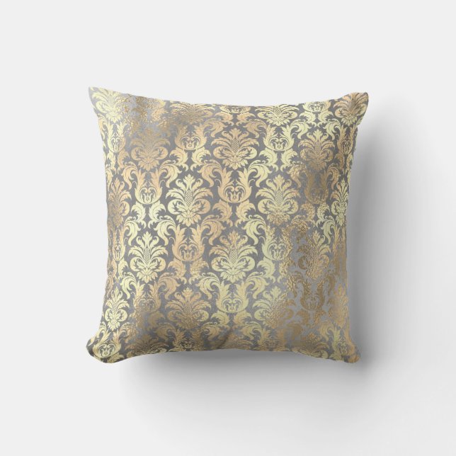 Silver Grey Gold Damask Antonietta Champaigne Cushion (Front)