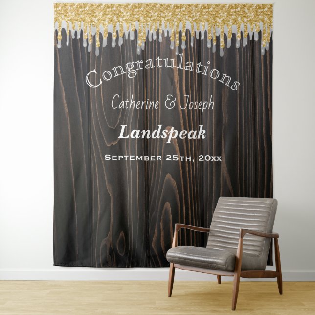 Silver Grey Gold Glitter Dripping Wedding Tapestry (In Situ)