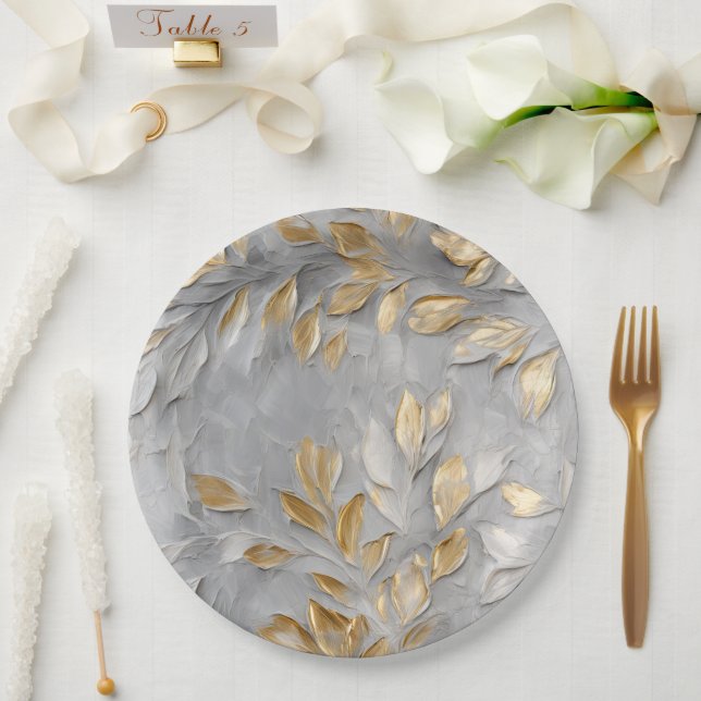 Silver Grey Gold Leaves Paper Plate (Wedding)