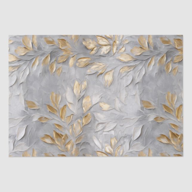 Silver Grey Gold Leaves Tissue Paper (Front)