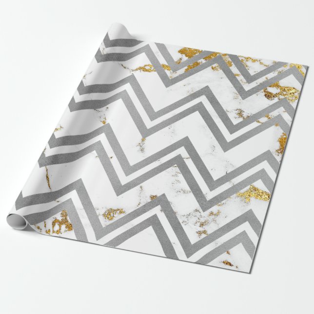 Silver Grey Gold Marble Carrara Chevron Zig Zag Wrapping Paper (Unrolled)