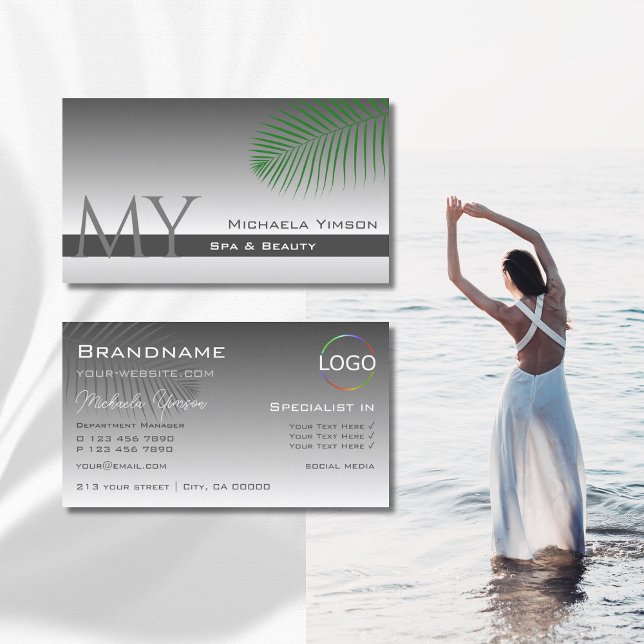 Silver Grey Gradient Palm Leaf Monogram and Logo Business Card (Creator Uploaded)