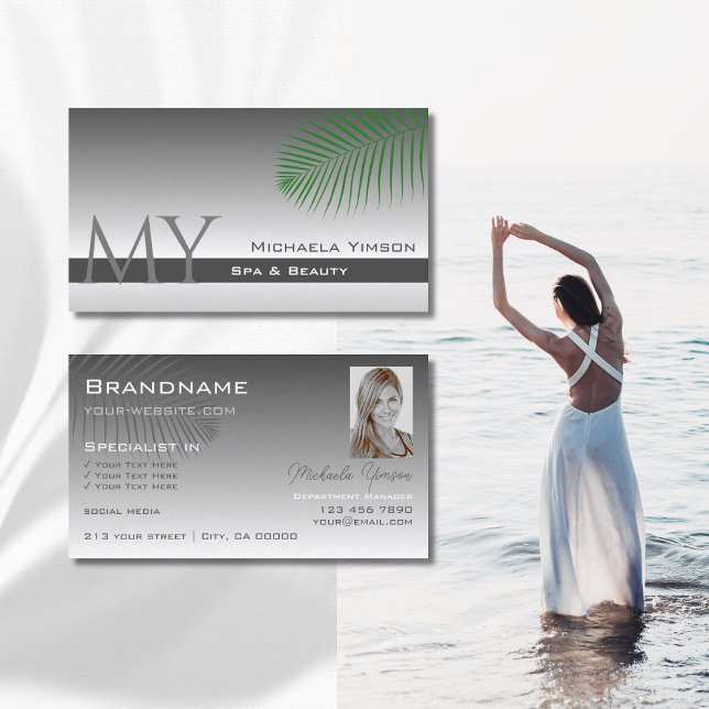 Silver Grey Gradient Palm Leaf Monogram and Photo Business Card (Creator Uploaded)