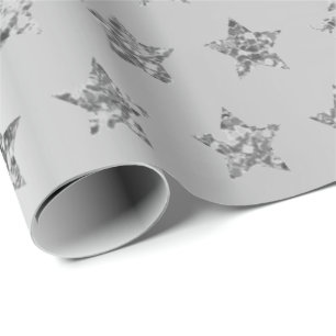 Silver Grey Graphite Metallic Glitter VIP Stars Wrapping Paper