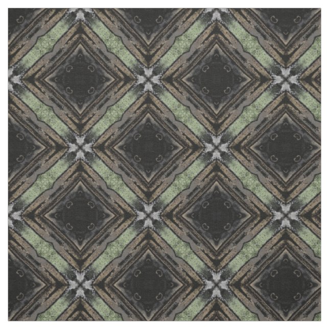 Silver Grey, Green, Black tiled Diamonds Pattern Fabric (Swatch)