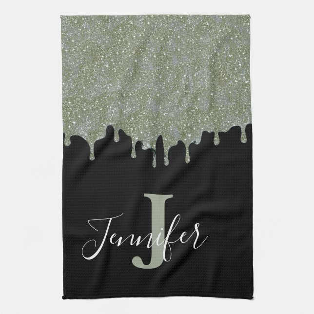 Silver Grey Grey and Black Monogram Glitter Drips Tea Towel (Vertical)