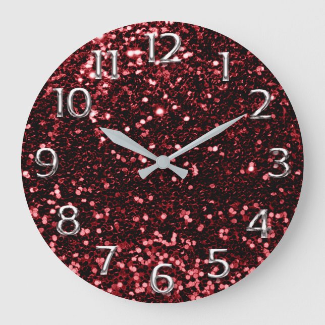 Silver Grey Grey Arabic Numbers Glitter Burgundy Large Clock (Front)