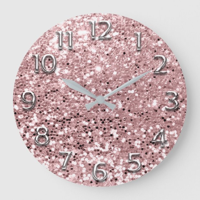 Silver Grey Grey Arabic Numbers Pink Glitter Blush Large Clock (Front)
