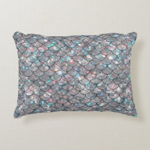 Silver Grey Grey Mermaid Fish Scales Holographic Decorative Cushion