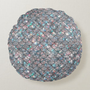 Silver Grey Grey Mermaid Fish Scales Holographic Round Cushion