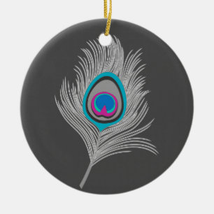 Silver Grey / Grey Peacock Feather on Graphite Ceramic Tree Decoration