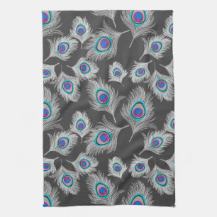 Silver Grey / Grey Peacock Feathers on Dark Grey  Tea Towel