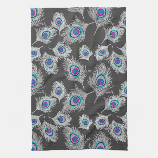 Silver Grey / Grey Peacock Feathers on Dark Grey  Tea Towel (Vertical)