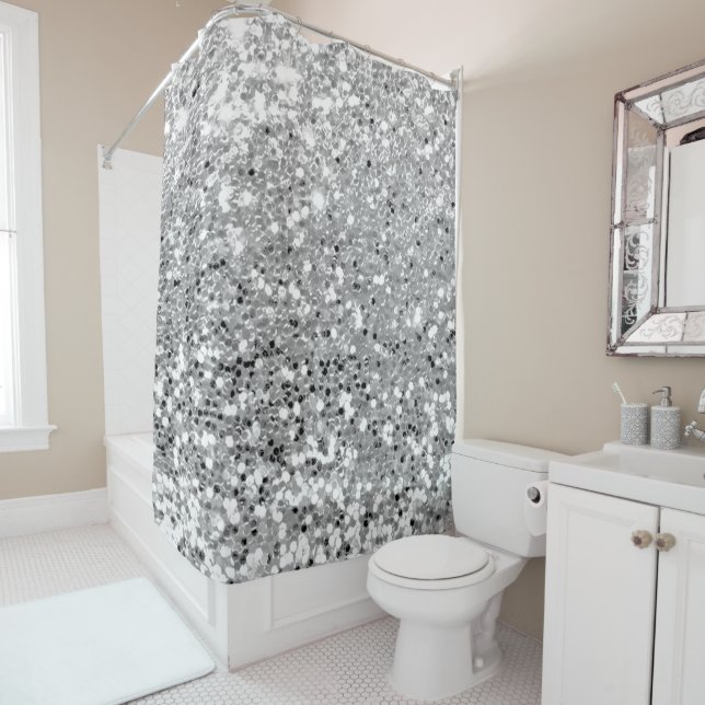 Silver Grey Grey White Faux Glitter Sequin Glam Shower Curtain (In Situ)