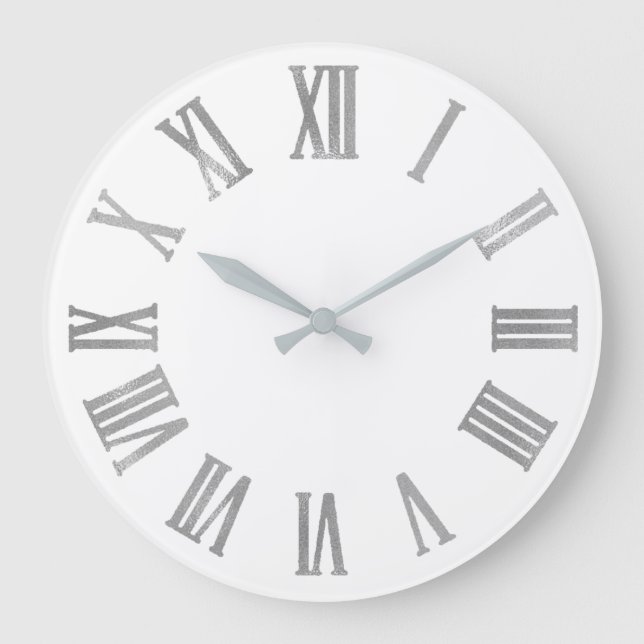 Silver Grey  Grey White Minimal  Roman Numbers Lux Large Clock (Front)